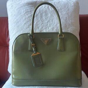 Prada Olive Green Saffiano Dome Satchel with Gold Hardware